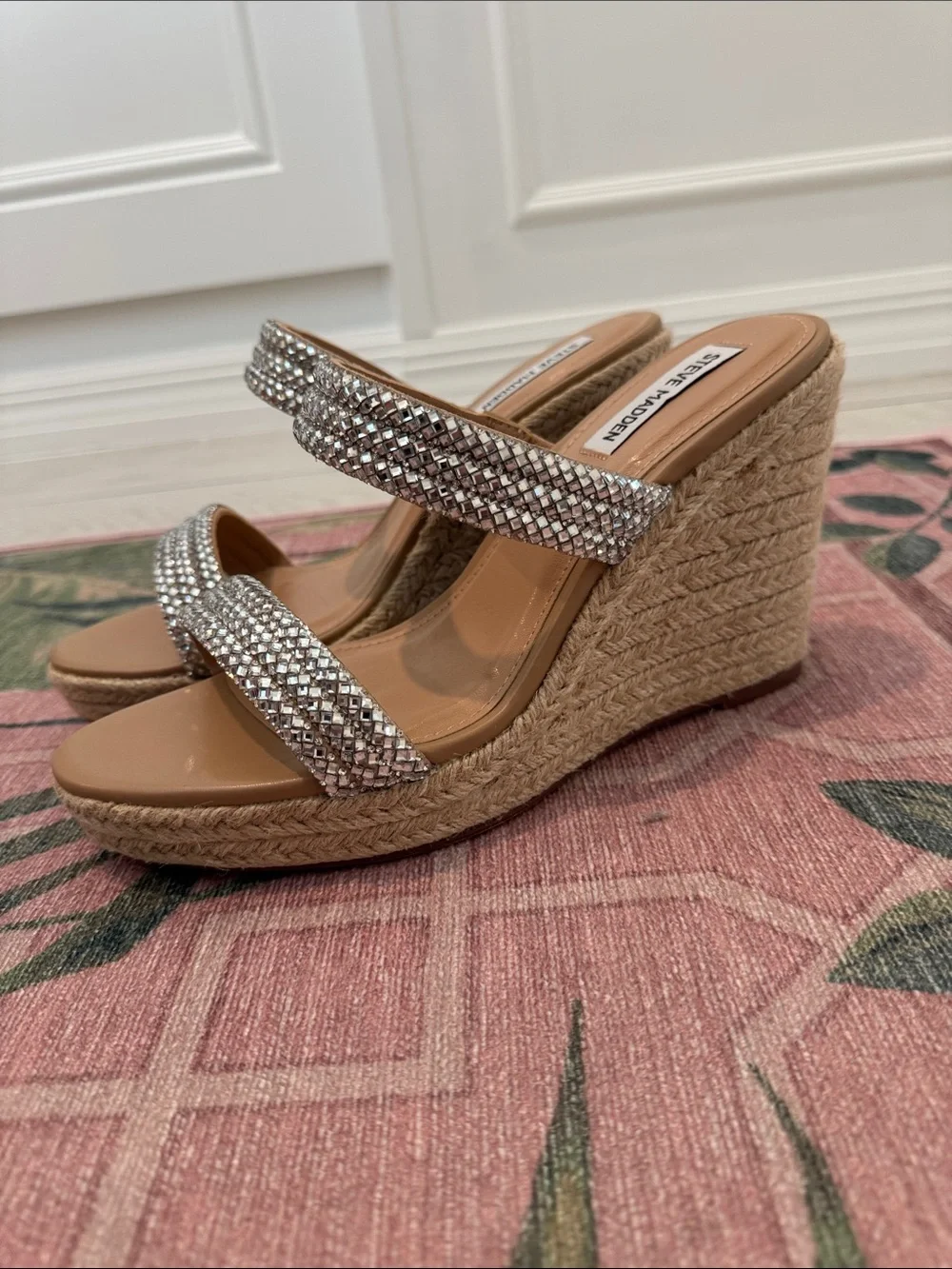 Steve Madden Tan Espadrille Wedge Sandals with Silver Rhinestone Straps 9.5